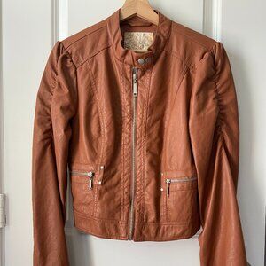 Vintage Burnt Orange Women's Faux Leather Bomber Cropped Jacket: Size US Large